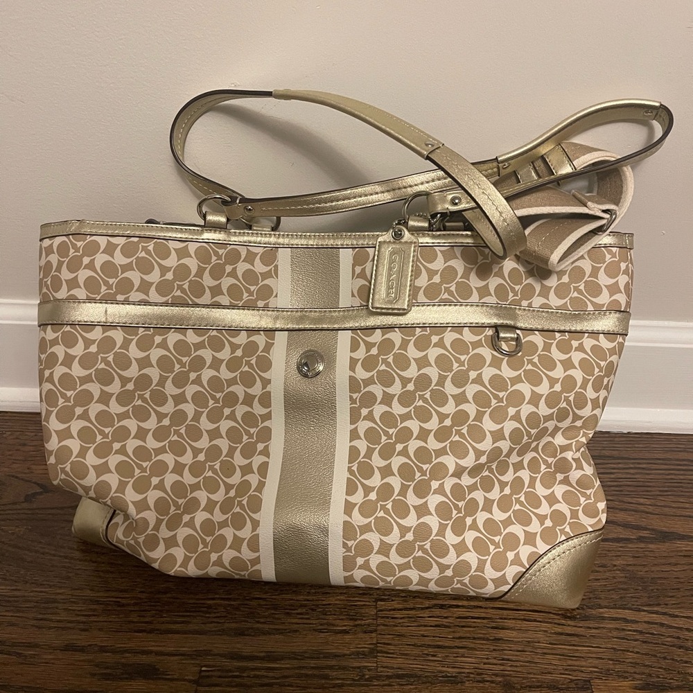 Coach Tan and Gold Signature Tote Bag